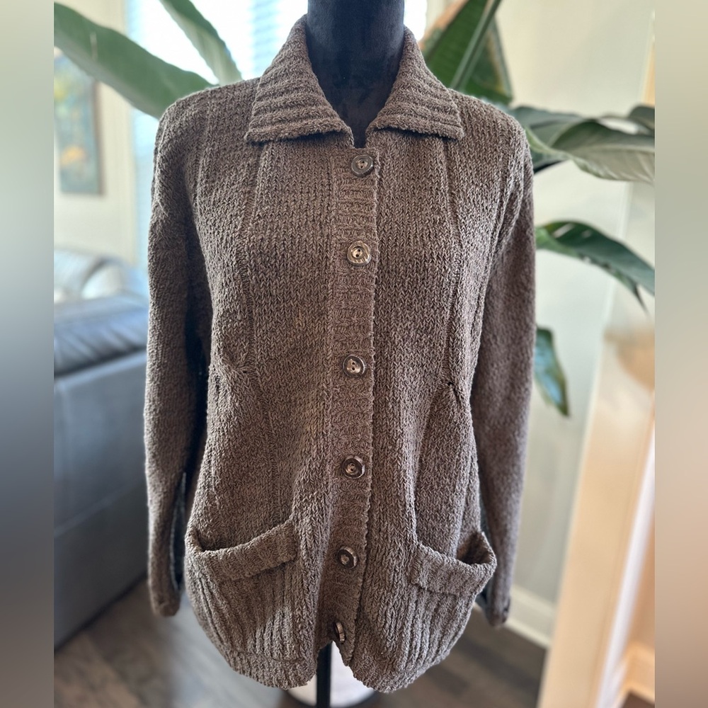 Chunky Knit CO & EDDY Button Up Cardigan Sweater Taupe Brown Women M